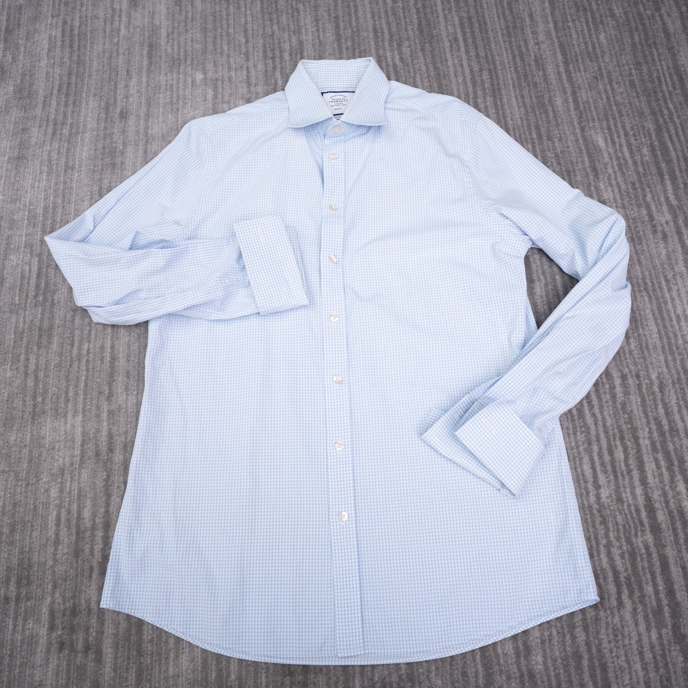 Charles Tyrwhitt Dress Shirt Mens 16.5/36 Blue Gingham French Cuff Slim Fit